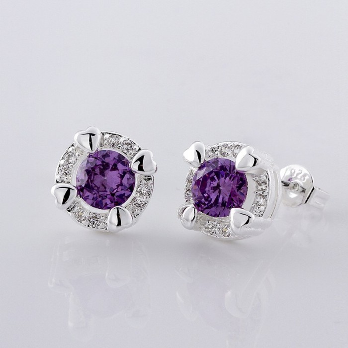 SE561-B Silver Jewelry Purple Crystal Round Stud Earrings For Women