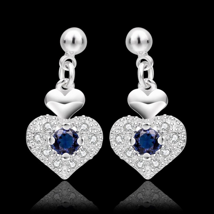 SE566 Silver Jewelry Blue Crystal Heart Dangle Earrings For Women