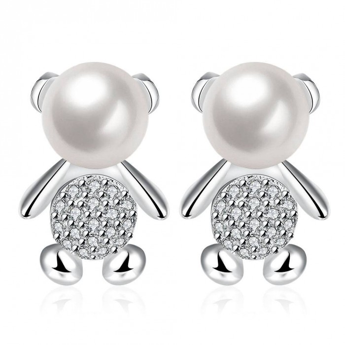SE732 Silver Jewelry Crystal Bear Pearl Stud Earrings For Women