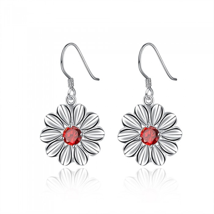 SE760 Silver Jewelry Red Crystal Flower Dangle Earrings For Women