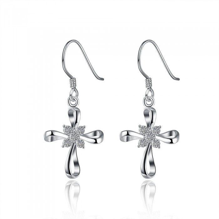 SE809 Silver Jewelry Crystal Cross Dangle Earrings For Women