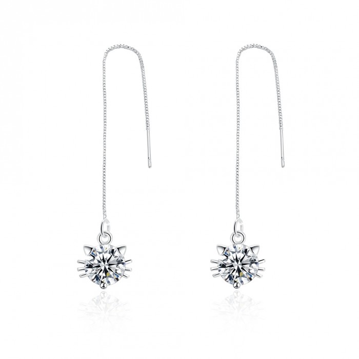 SE858 Silver Jewelry Crystal Cat Dangle Earrings For Women