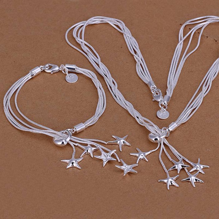 SS007 Silver 5 Line Star Bracelet Necklace Jewelry Sets