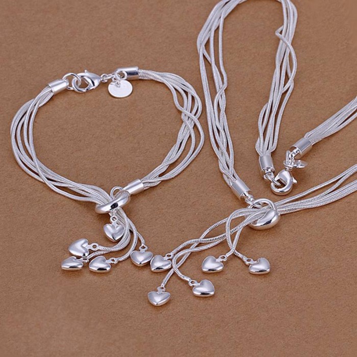 SS009 Silver 5 Line Heart Bracelet Necklace Jewelry Sets