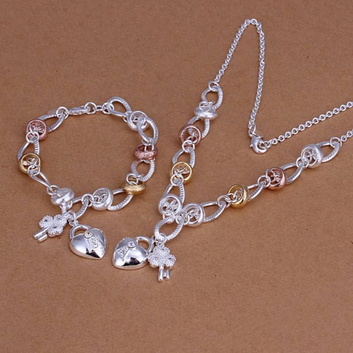 SS010 Silver Crystal Gold Key Lock Bracelet Necklace Jewelry Sets