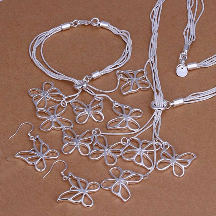 SS012 Silver 5Line Butterfly Bracelet Earrings Necklace Jewelry Sets