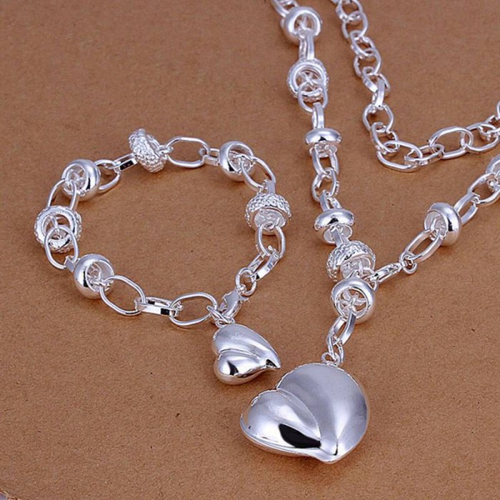 SS014 Silver Peach Heart Bracelet Necklace Jewelry Sets