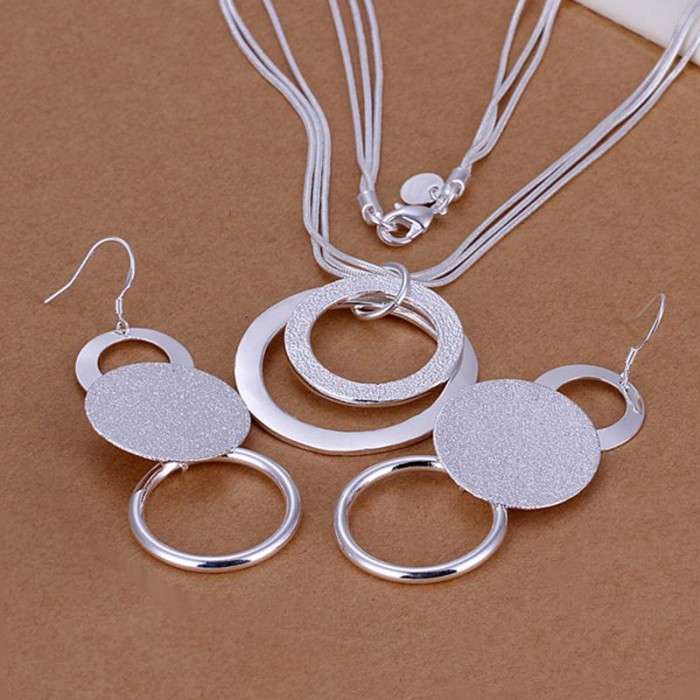 SS017 Silver Circle Earrings Necklace Jewelry Sets