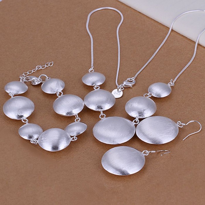 SS019 Silver Bright Round Bracelet Earrings Necklace Jewelry Sets