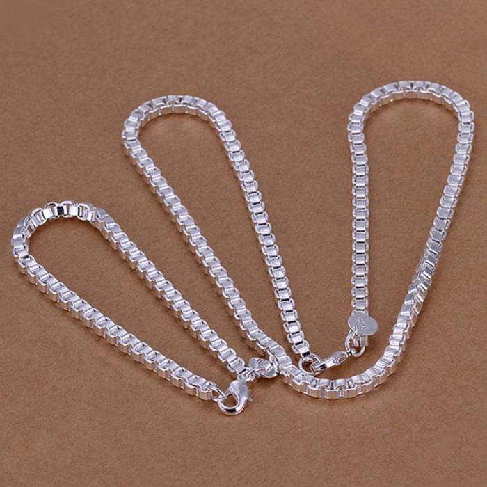 SS026 Silver Box Chain Bracelet Necklace Jewelry Sets