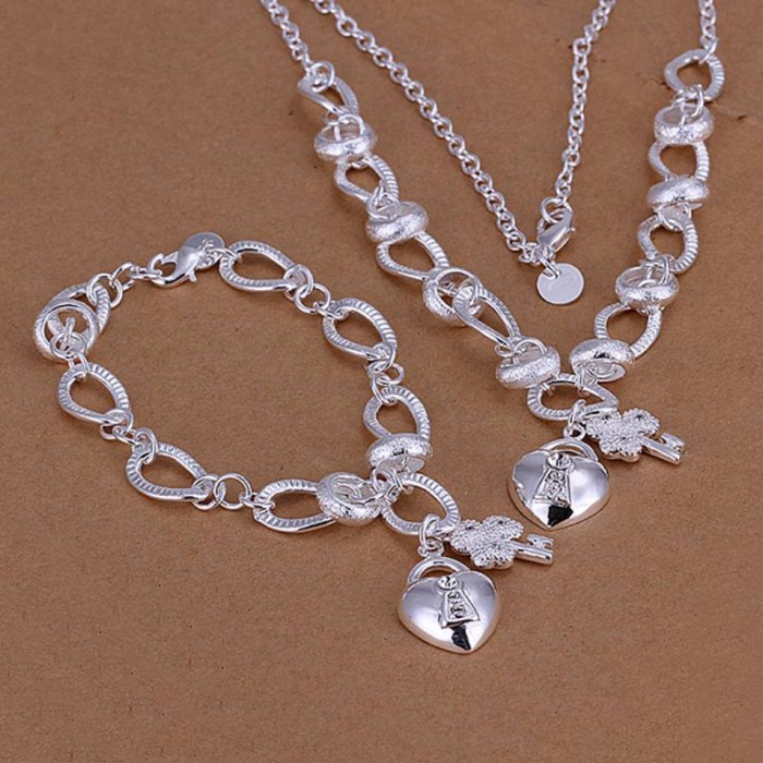 SS031 Silver Crystal Key Lock Bracelet Necklace Jewelry Sets