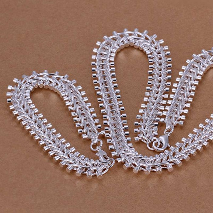 SS042 Silver Fish Bone Bracelet Necklace Jewelry Sets