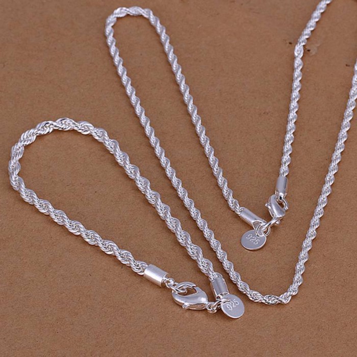 SS051 Silver 4MM Rope Chain Bracelet Necklace Jewelry Sets