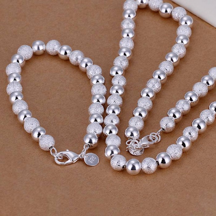 SS056 Silver 8MM Beads Bracelet Necklace Jewelry Sets