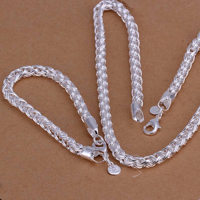 SS059 Silver Twist Chain Bracelet Necklace Jewelry Sets