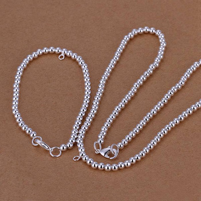 SS062 Silver 4MM Bead Bracelet Necklace Jewelry Sets