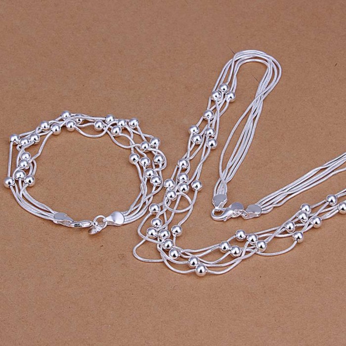 SS063 Silver 5 Line Beads Bracelet Necklace Jewelry Sets