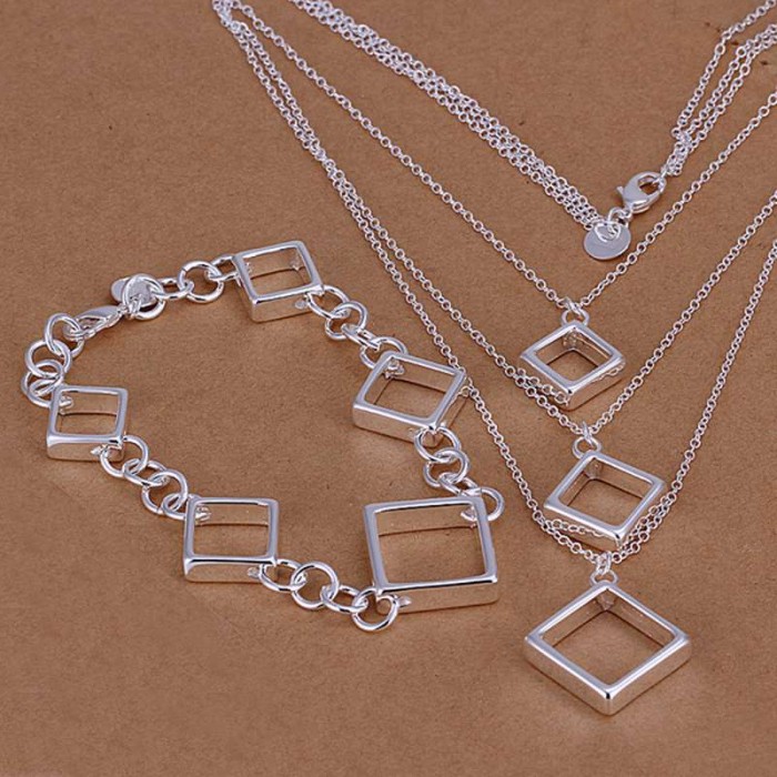 SS064 Silver Square Chain Bracelet Necklace Jewelry Sets