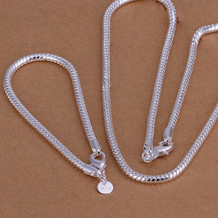 SS065 Silver 4MM Snake Chain Bracelet Necklace Jewelry Sets