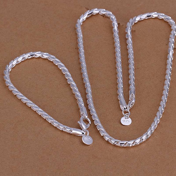 SS068 Silver Rope Chain Bracelet Necklace Men Jewelry Sets