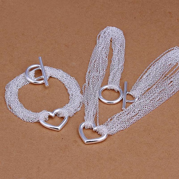 SS070 Silver Chain Heart Bracelet Necklace Jewelry Sets