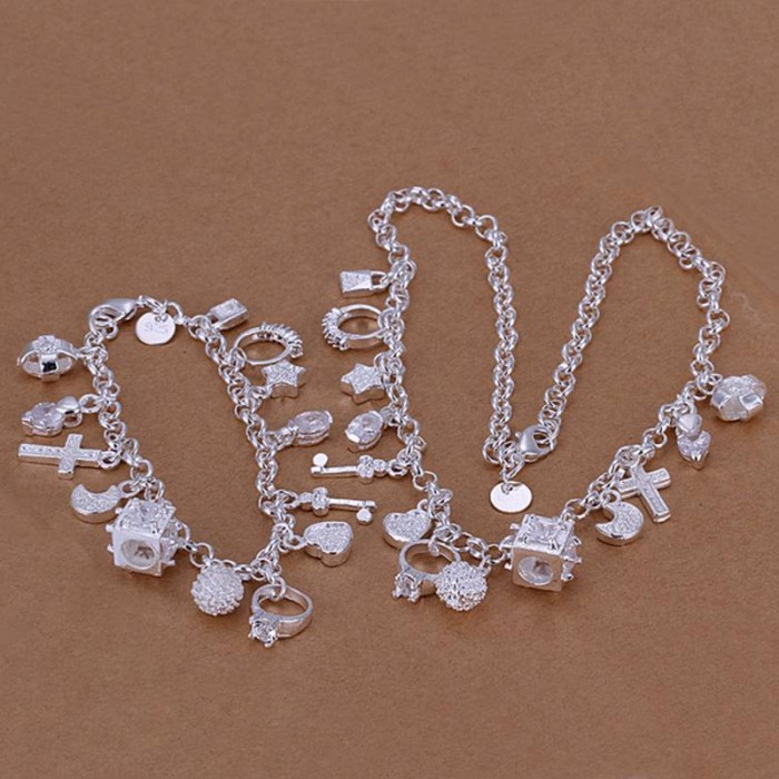 SS074 Silver Luxury 13Charms Bracelet Necklace Jewelry Sets