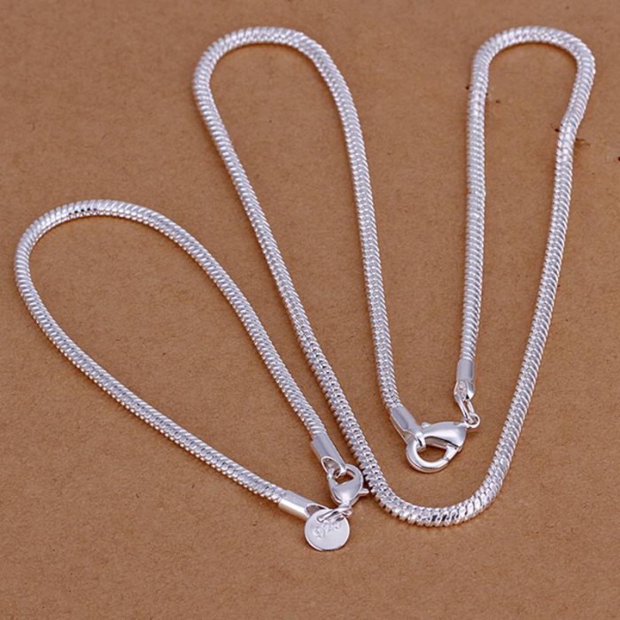 SS076 Silver 3MM Snake Chain Bracelet Necklace Jewelry Sets