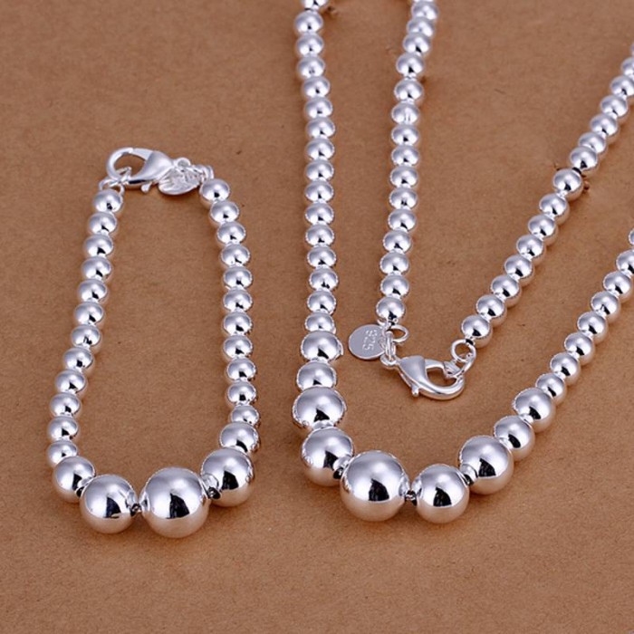 SS080 Silver Beads Bracelet Necklace Jewelry Sets