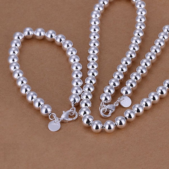 SS081 Silver 8MM Beads Bracelet Necklace Jewelry Sets