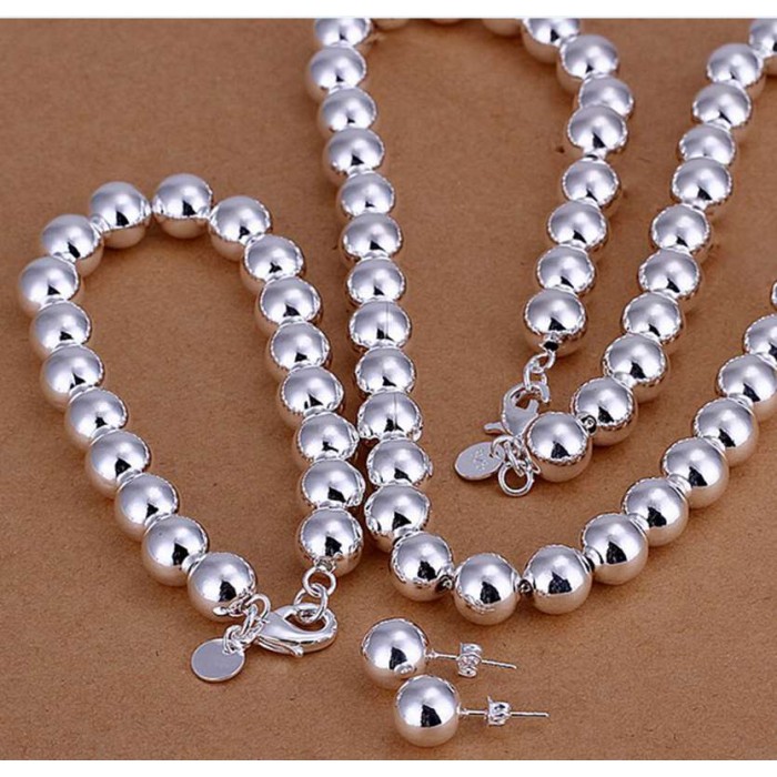 SS082-2 Silver 10MM Beads Bracelet Earrings Necklace Jewelry Sets