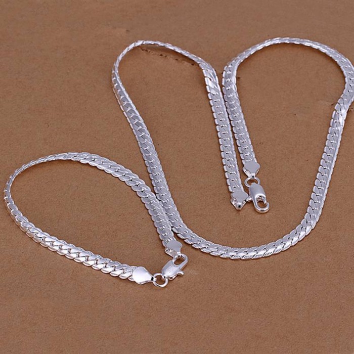 SS085 Silver 5MM Chain Bracelet Necklace Jewelry Sets
