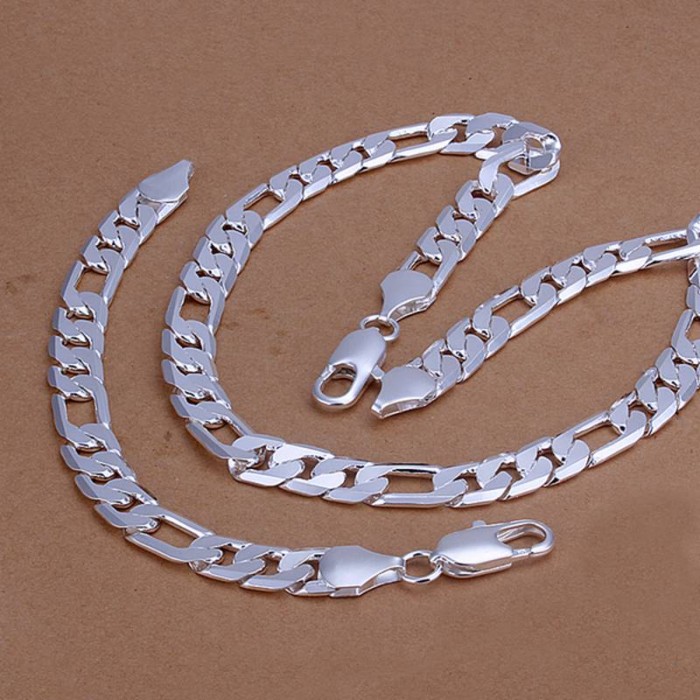 SS086 Silver 12MM Chain Bracelet Necklace Men Jewelry Sets