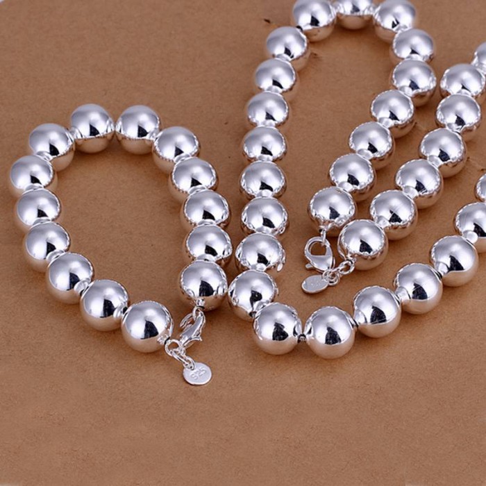 SS092 Silver 14MM Beads Bracelet Necklace Jewelry Sets