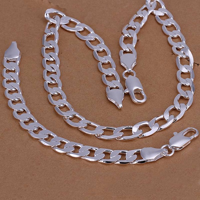 SS100 Silver 12MM Chain Bracelet Necklace Men Jewelry Sets