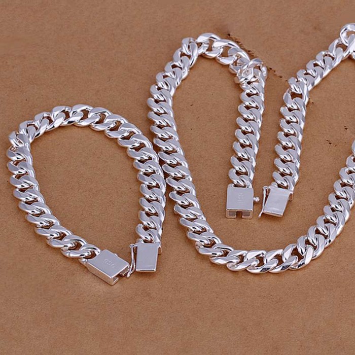 SS101 Silver 10MM Chain Bracelet Necklace Men Jewelry Sets