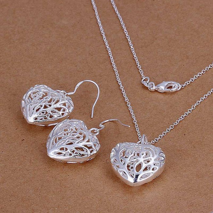 SS108 Silver Hollow Out Heart Earrings Necklace Jewelry Sets