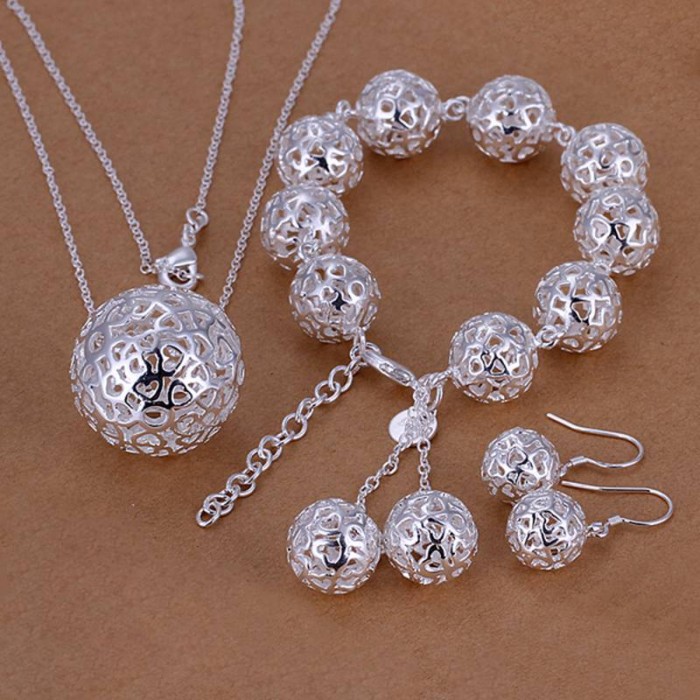 SS110 Silver Hollow Out Ball Bracelet Earrings Necklace Jewelry Sets