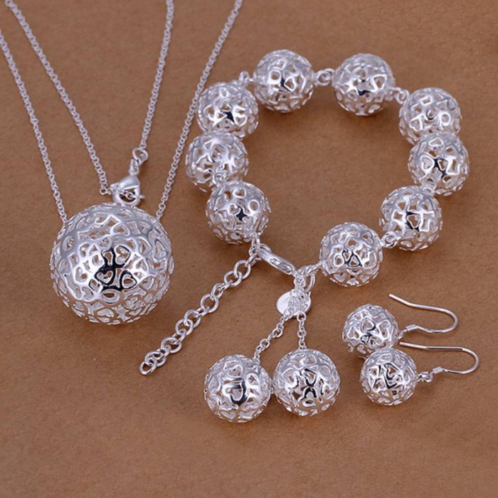 SS110 Silver Hollow Out Ball Bracelet Earrings Necklace Jewelry Sets