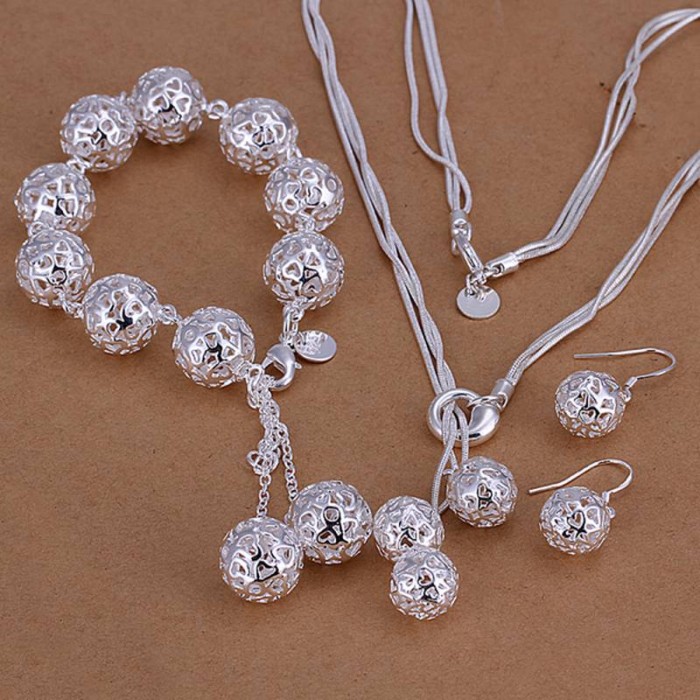 SS111 Silver Hollow Out Ball Bracelet Earrings Necklace Jewelry Sets