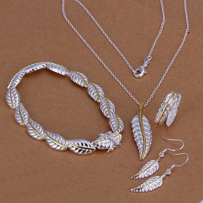 SS112 Silver Gold Feather Bracelet Earrings Rings Necklace Jewelry Sets