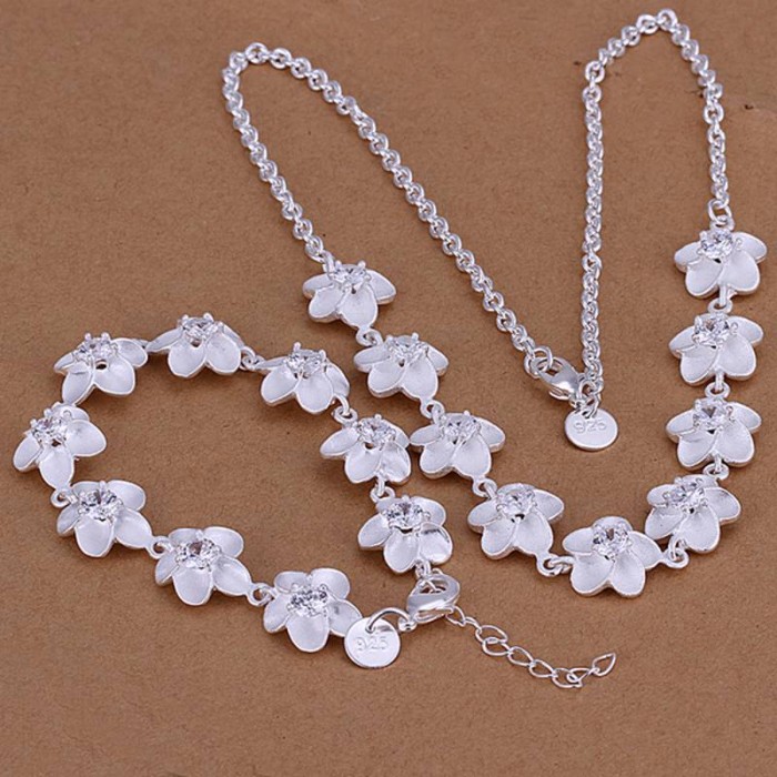 SS117 Silver Crystal Flower Bracelet Necklace Jewelry Sets