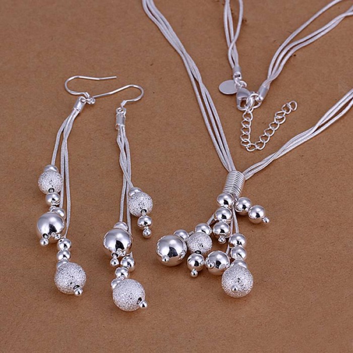 SS121 Silver 3 Line Beads Earrings Necklace Jewelry Sets