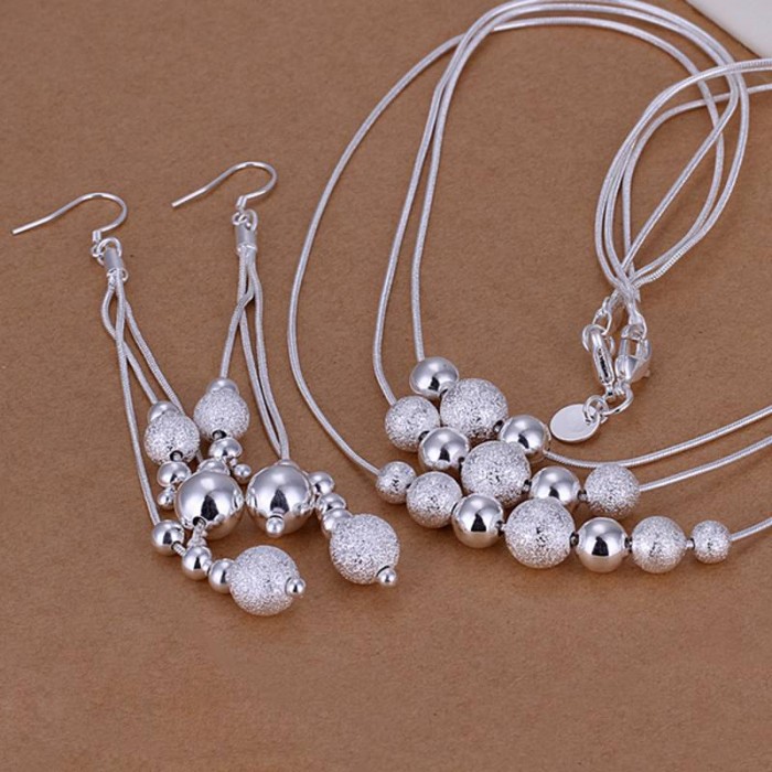 SS122 Silver 3Line Beads Earrings Necklace Jewelry Sets