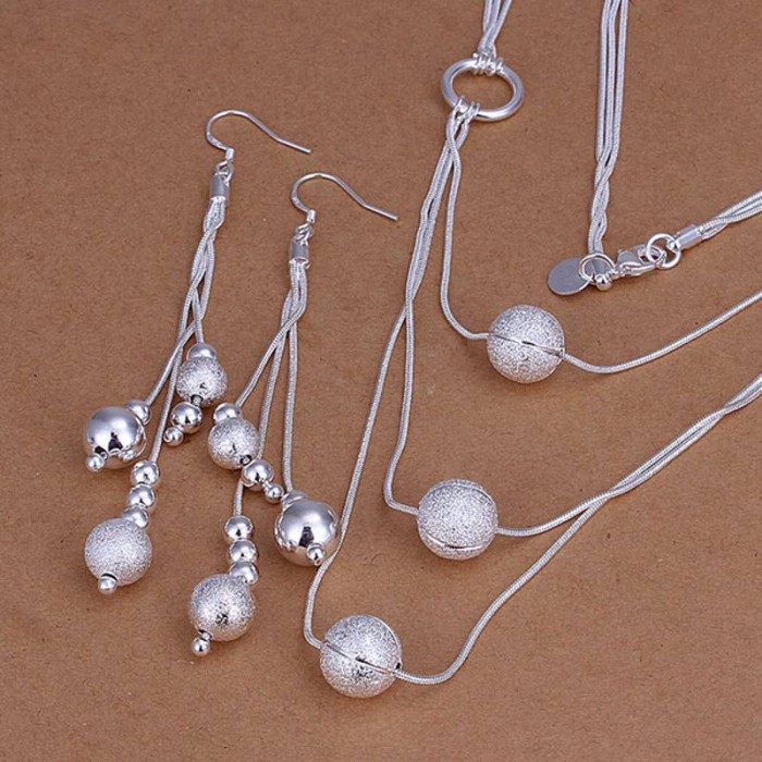 SS123 Silver 3 Chain Beads Earrings Necklace Jewelry Sets