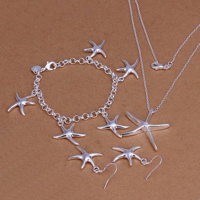 SS124 Silver Starfish Bracelet Earrings Necklace Jewelry Sets