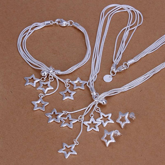 SS138 Silver 5 Chain Star Bracelet Earrings Necklace Jewelry Sets