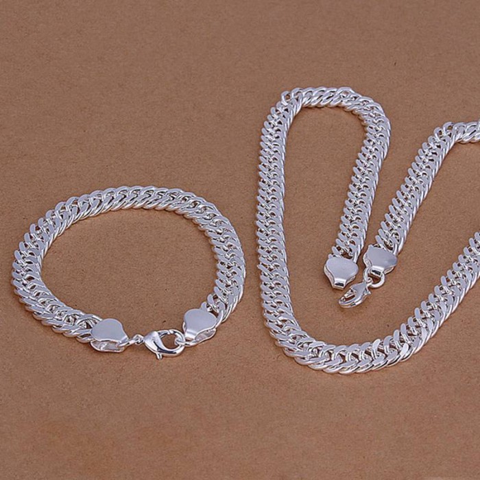 SS141 Silver 10MM Chain Bracelet Necklace Jewelry Sets