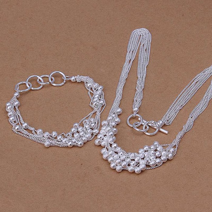 SS142 Silver Frosted Beads Chain Bracelet Necklace Jewelry Sets