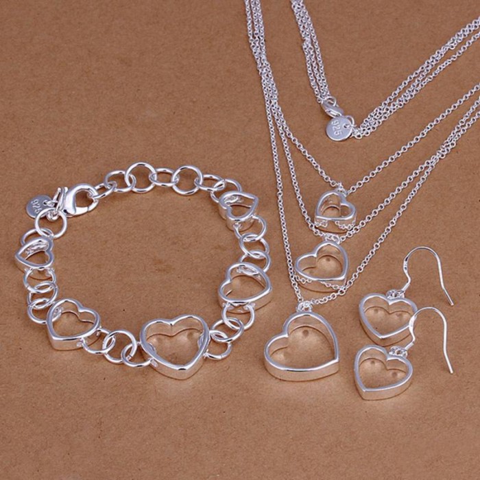 SS149 Silver Heart Bracelet Earrings Necklace Jewelry Sets