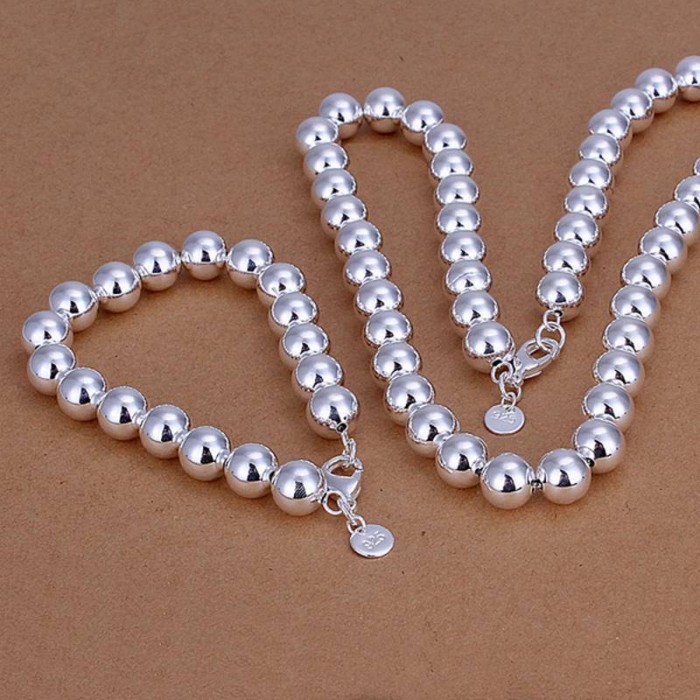 SS151 Silver 10MM Beads Bracelet Necklace Jewelry Sets